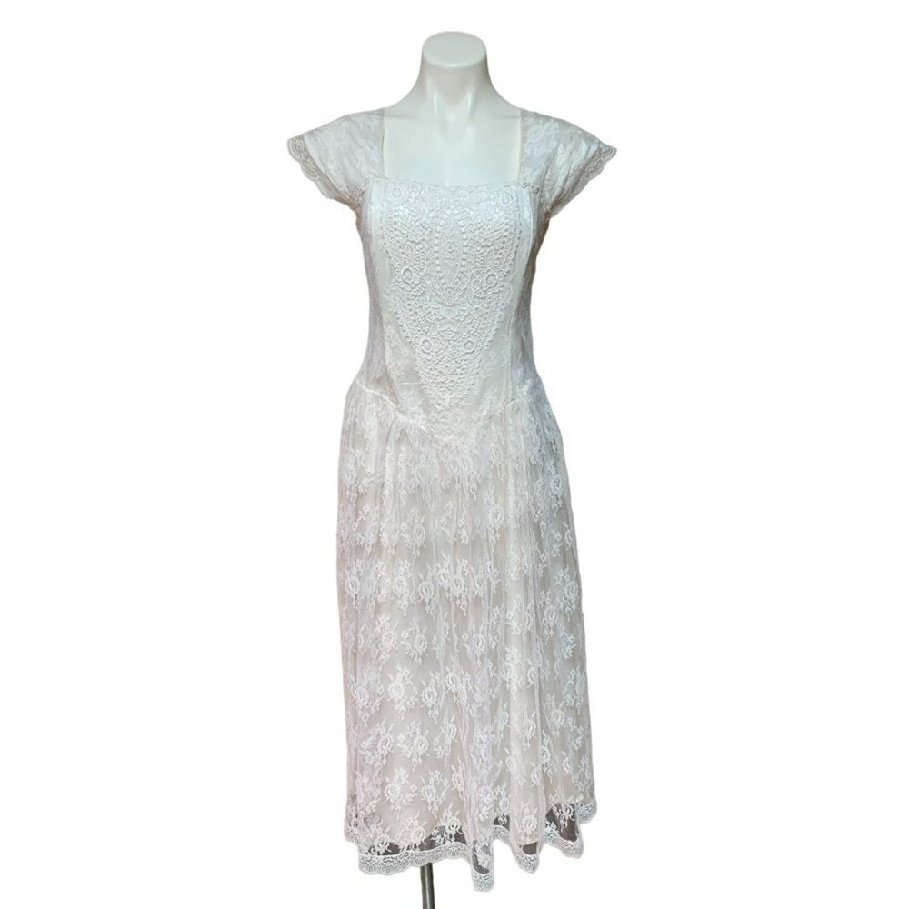 Vintage 80s Corset Dress White Lace Maxi Dress Cap Sleeve Wedding Bridal SMALL